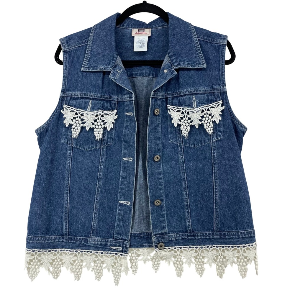 Faded Glory Size Large Denim Vest Blue Lace Trim Crochet Boho Western Womens